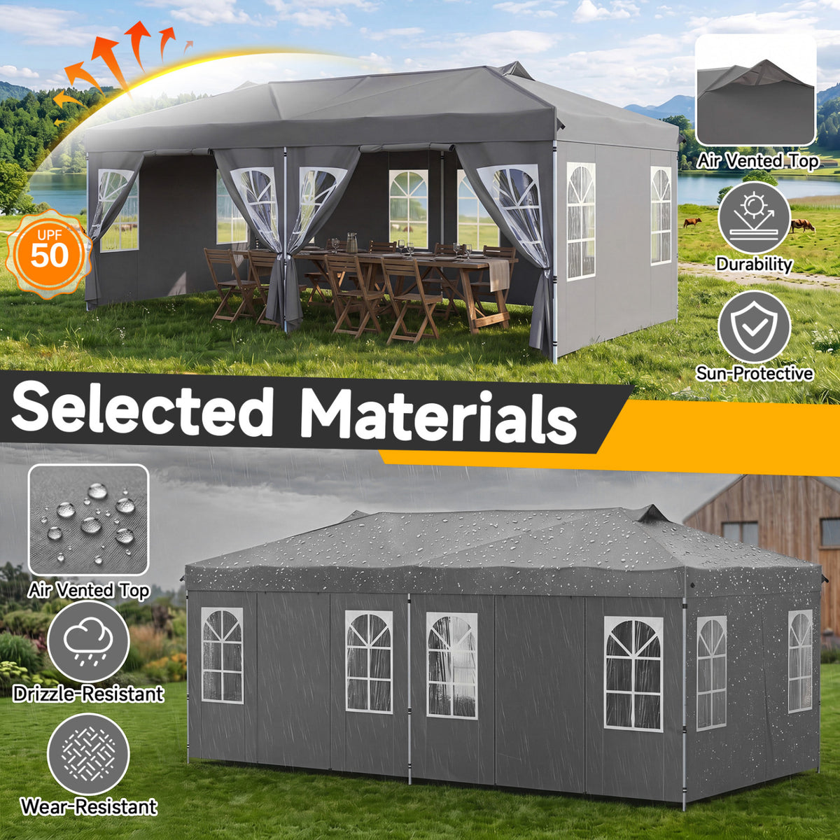 10 x 20 FT Pop Up Canopy Tent with 6 Sidewalls and Adjustable Height-Gray view 5