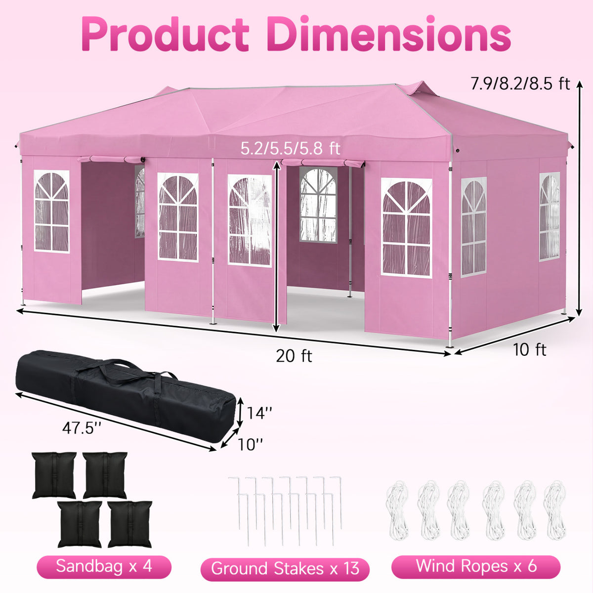 10 x 20 FT Pop Up Canopy Tent with 6 Sidewalls and Adjustable Height-Pink view 3
