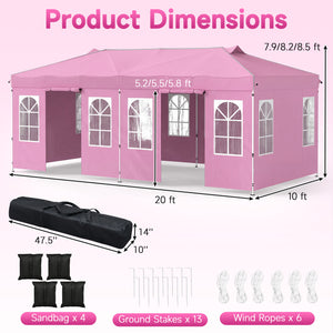 10 x 20 FT Pop Up Canopy Tent with 6 Sidewalls and Adjustable Height-Pink view 3