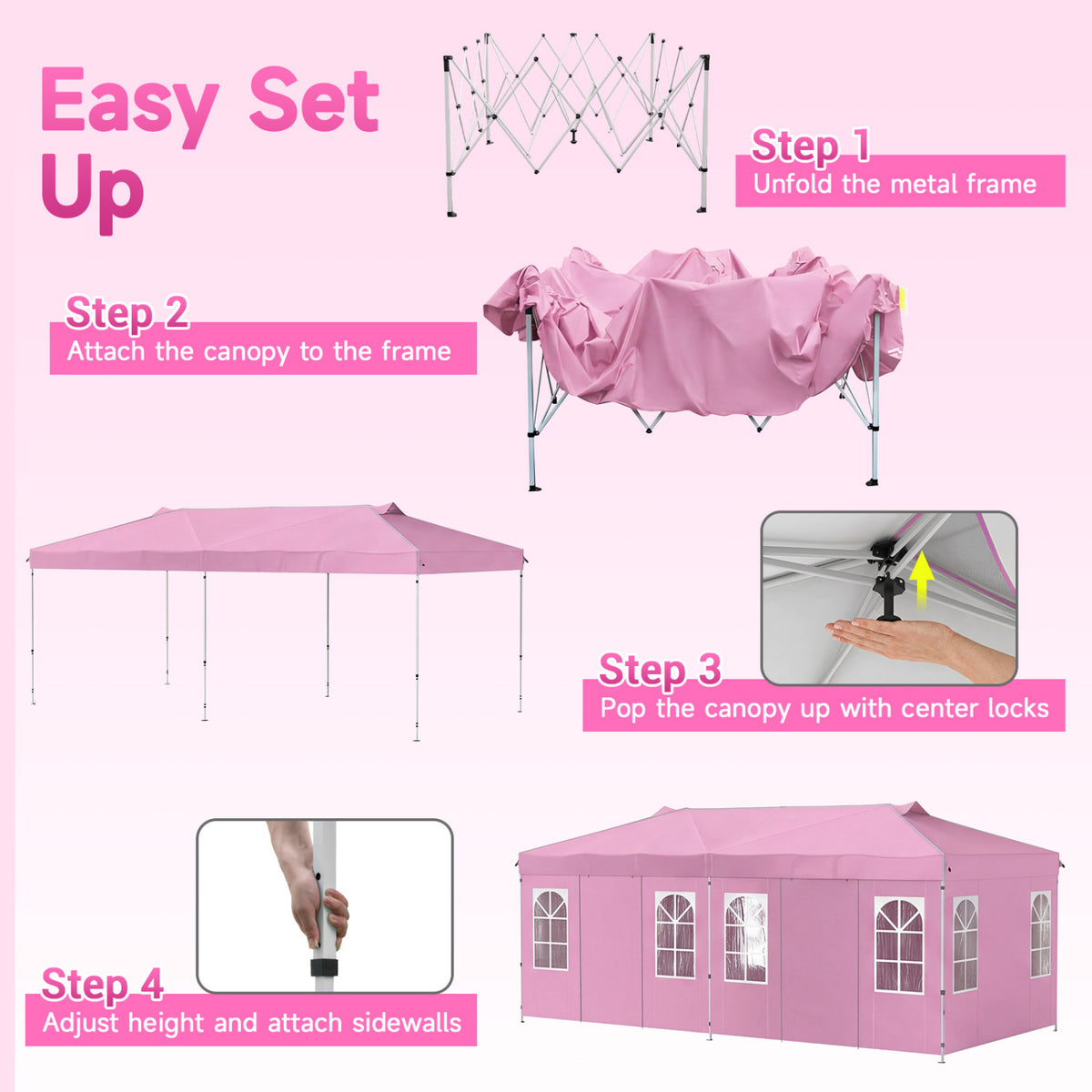10 x 20 FT Pop Up Canopy Tent with 6 Sidewalls and Adjustable Height-Pink view 4