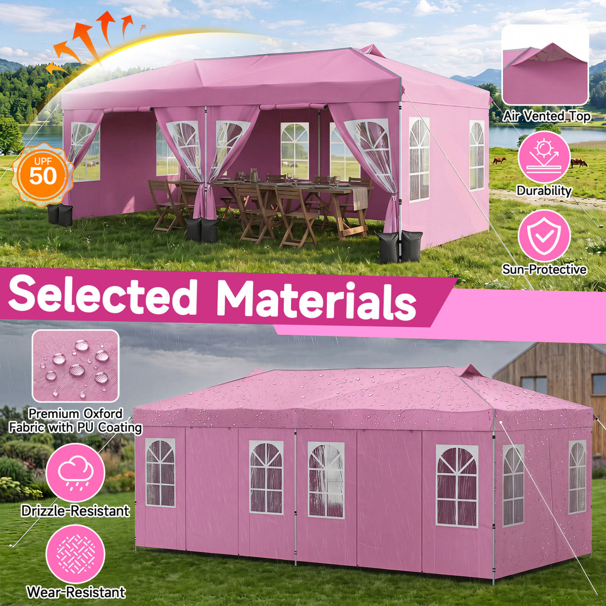 10 x 20 FT Pop Up Canopy Tent with 6 Sidewalls and Adjustable Height-Pink view 5