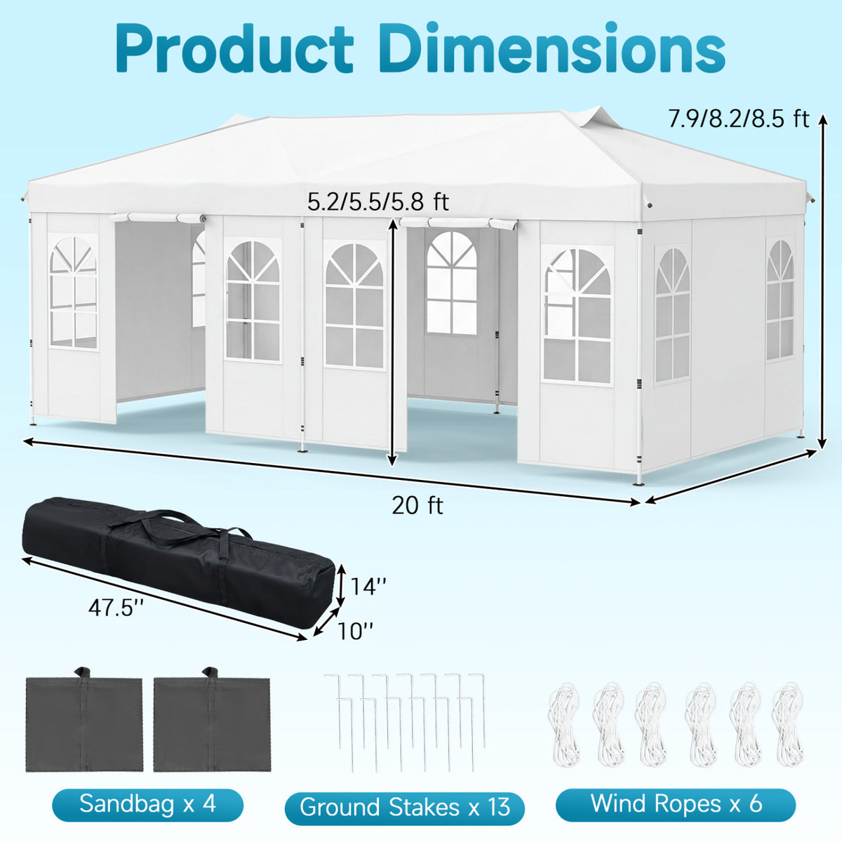 10 x 20 FT Pop Up Canopy Tent with 6 Sidewalls and Adjustable Height-White view 3