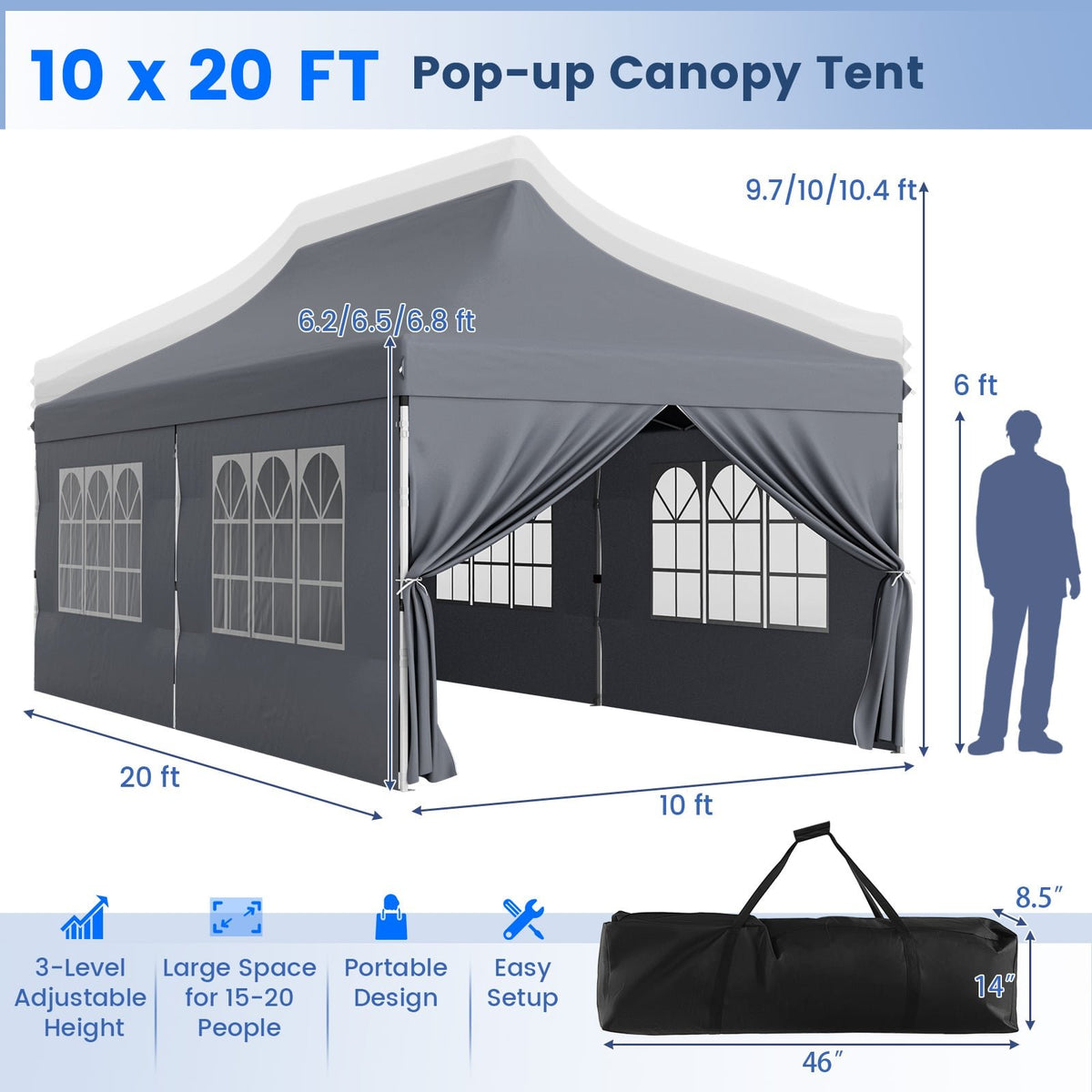 10 x 20 FT Pop up Canopy with 6 Sidewalls and Windows and Carrying Bag for Party Wedding Picnic-Gray view 5