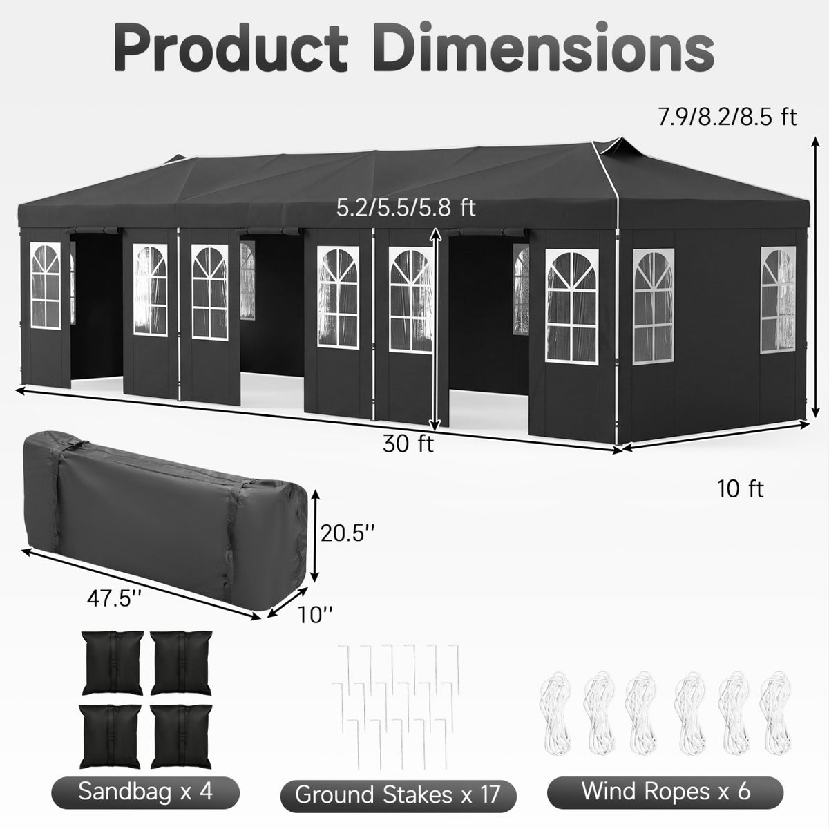 10 x 30 FT Pop Up Canopy Tent with 8 Sidewalls and Adjustable Height-Black view 3