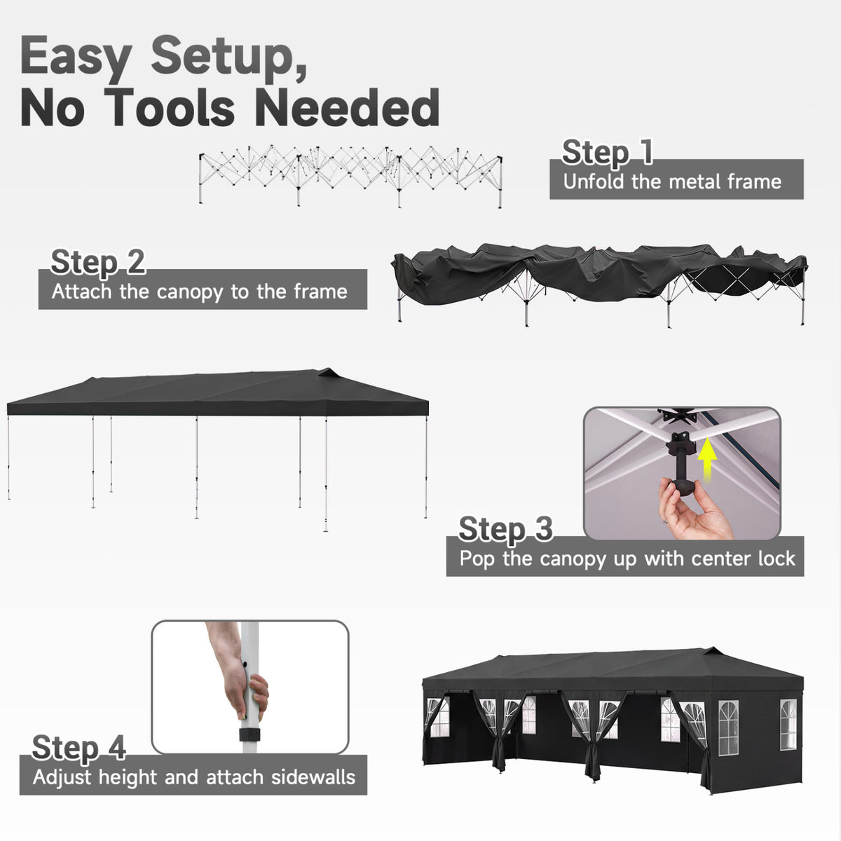 10 x 30 FT Pop Up Canopy Tent with 8 Sidewalls and Adjustable Height-Black view 4