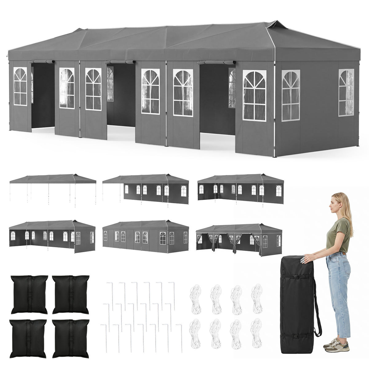 10 x 30 FT Pop Up Canopy Tent with 8 Sidewalls and Adjustable Height-Gray
