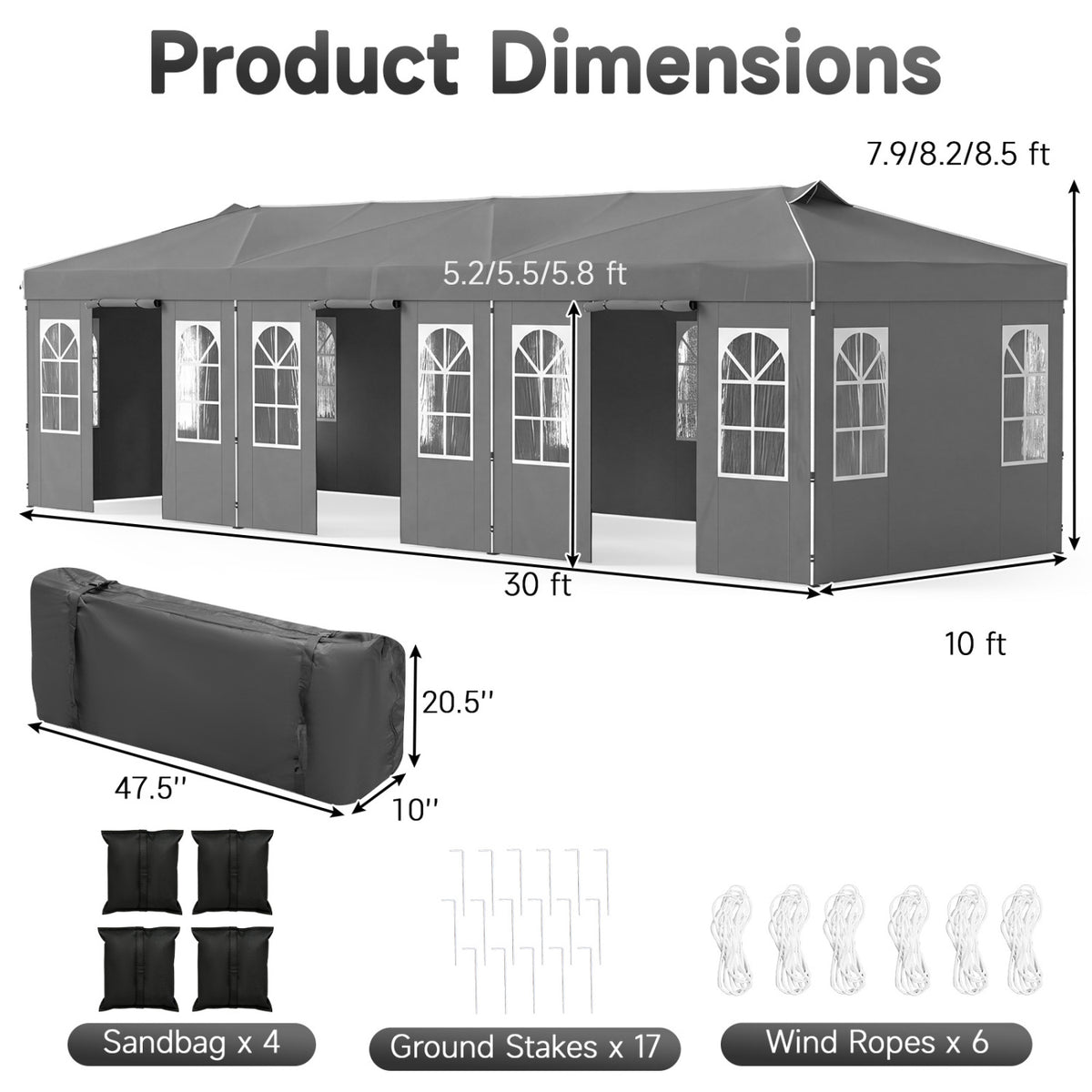 10 x 30 FT Pop Up Canopy Tent with 8 Sidewalls and Adjustable Height-Gray view 3