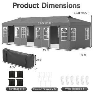 10 x 30 FT Pop Up Canopy Tent with 8 Sidewalls and Adjustable Height-Gray view 3