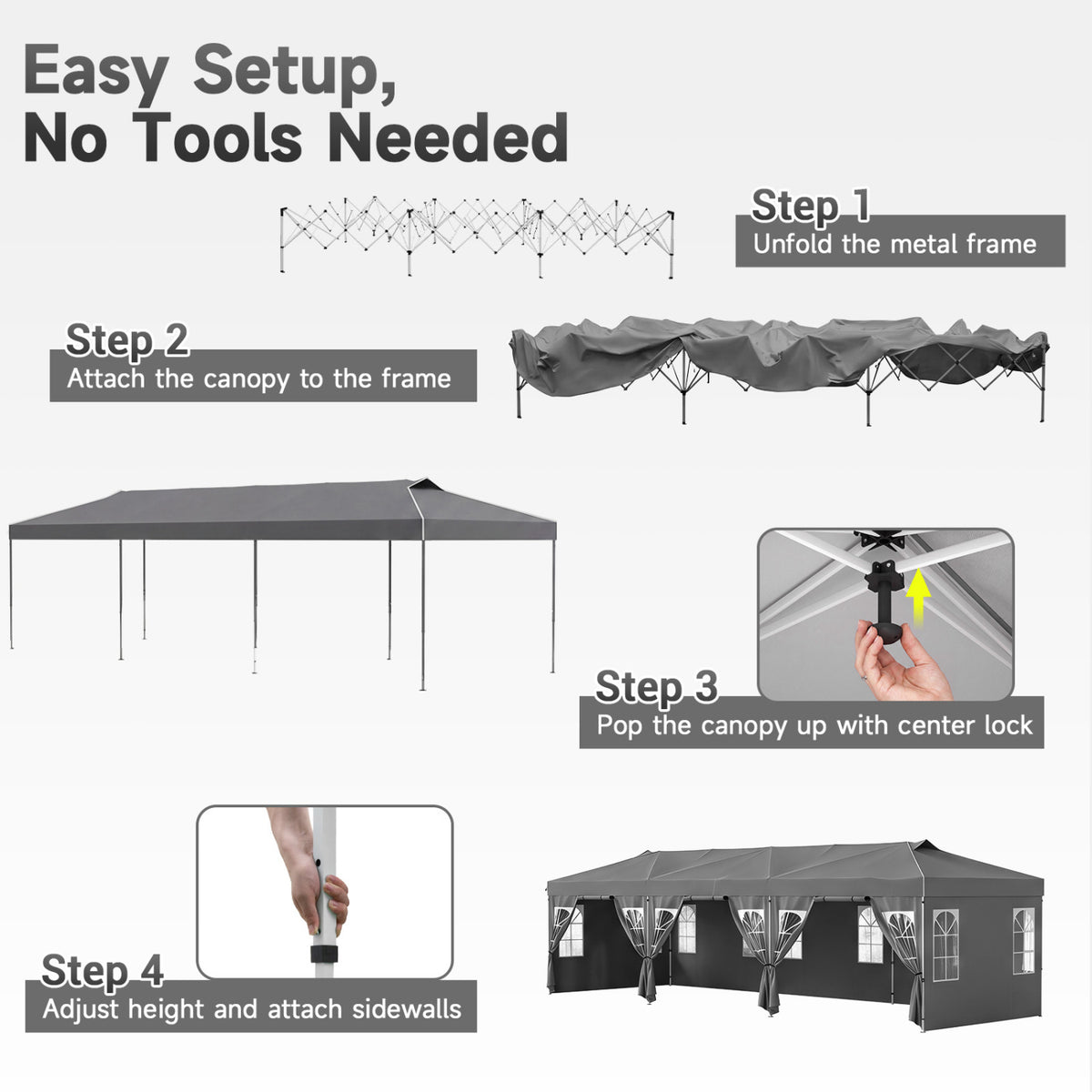 10 x 30 FT Pop Up Canopy Tent with 8 Sidewalls and Adjustable Height-Gray view 4