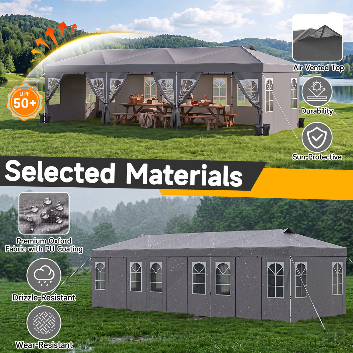 10 x 30 FT Pop Up Canopy Tent with 8 Sidewalls and Adjustable Height-Gray view 5