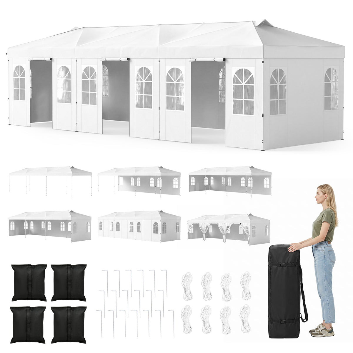 10 x 30 FT Pop Up Canopy Tent with 8 Sidewalls and Adjustable Height-White