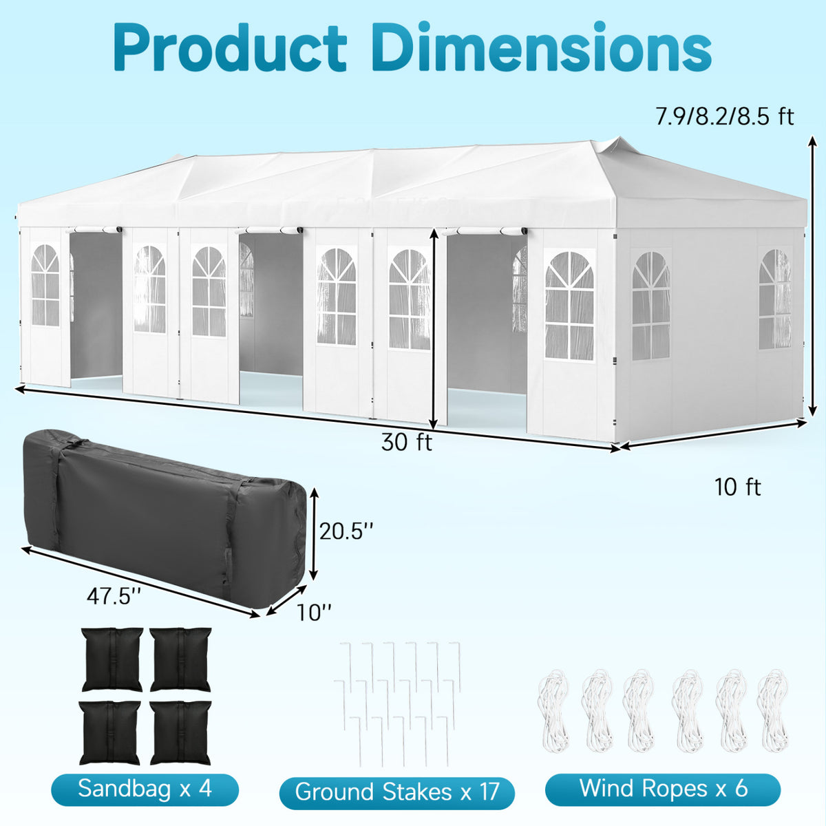 10 x 30 FT Pop Up Canopy Tent with 8 Sidewalls and Adjustable Height-White view 3