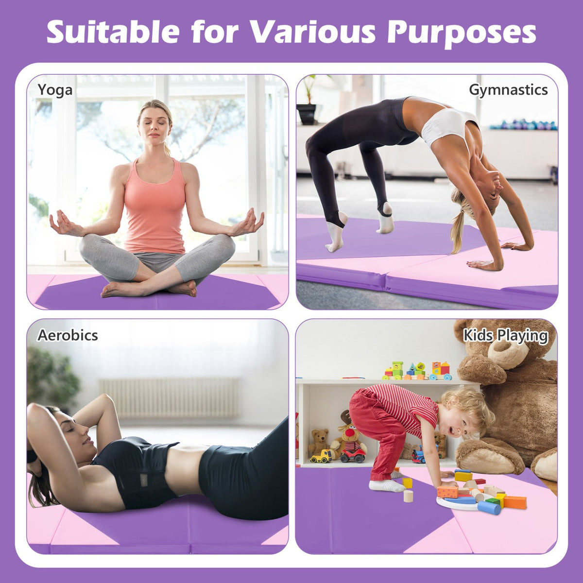 10 Feet x 4 Feet x 2 Inch Folding Exercise Mat with Hook and Loop Fasteners-Pink view 6