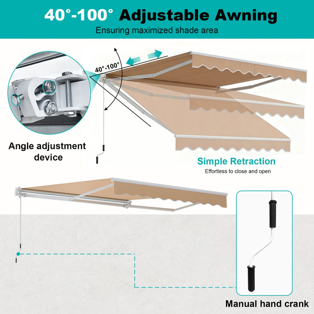 10 x 8.2 Feet Retractable Awning with Easy Opening Manual Crank Handle-Brown view 8