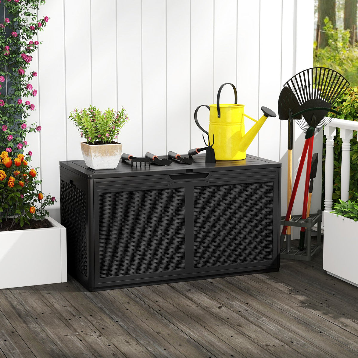 100 Gallon Resin Deck Box Outdoor Waterproof Storage Bench-Black view 2