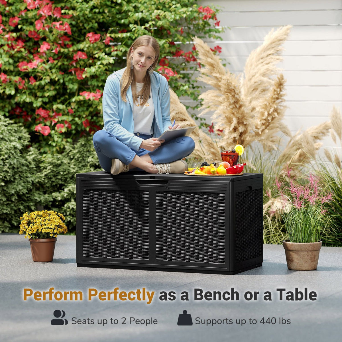 100 Gallon Resin Deck Box Outdoor Waterproof Storage Bench-Black view 8