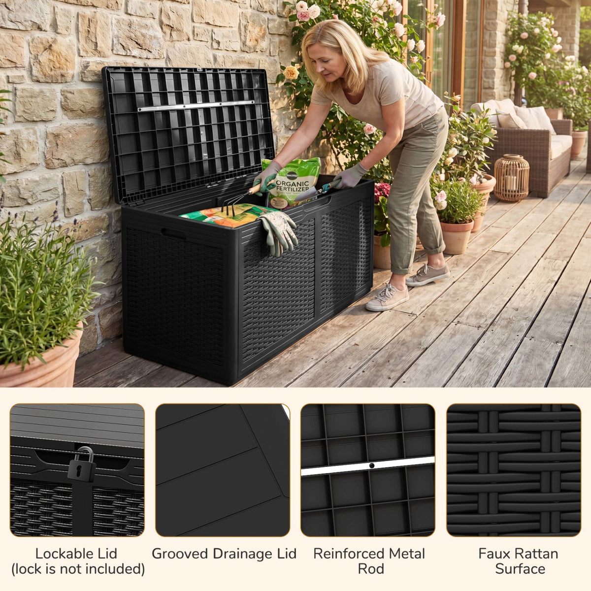 100 Gallon Resin Deck Box Outdoor Waterproof Storage Bench-Black view 9