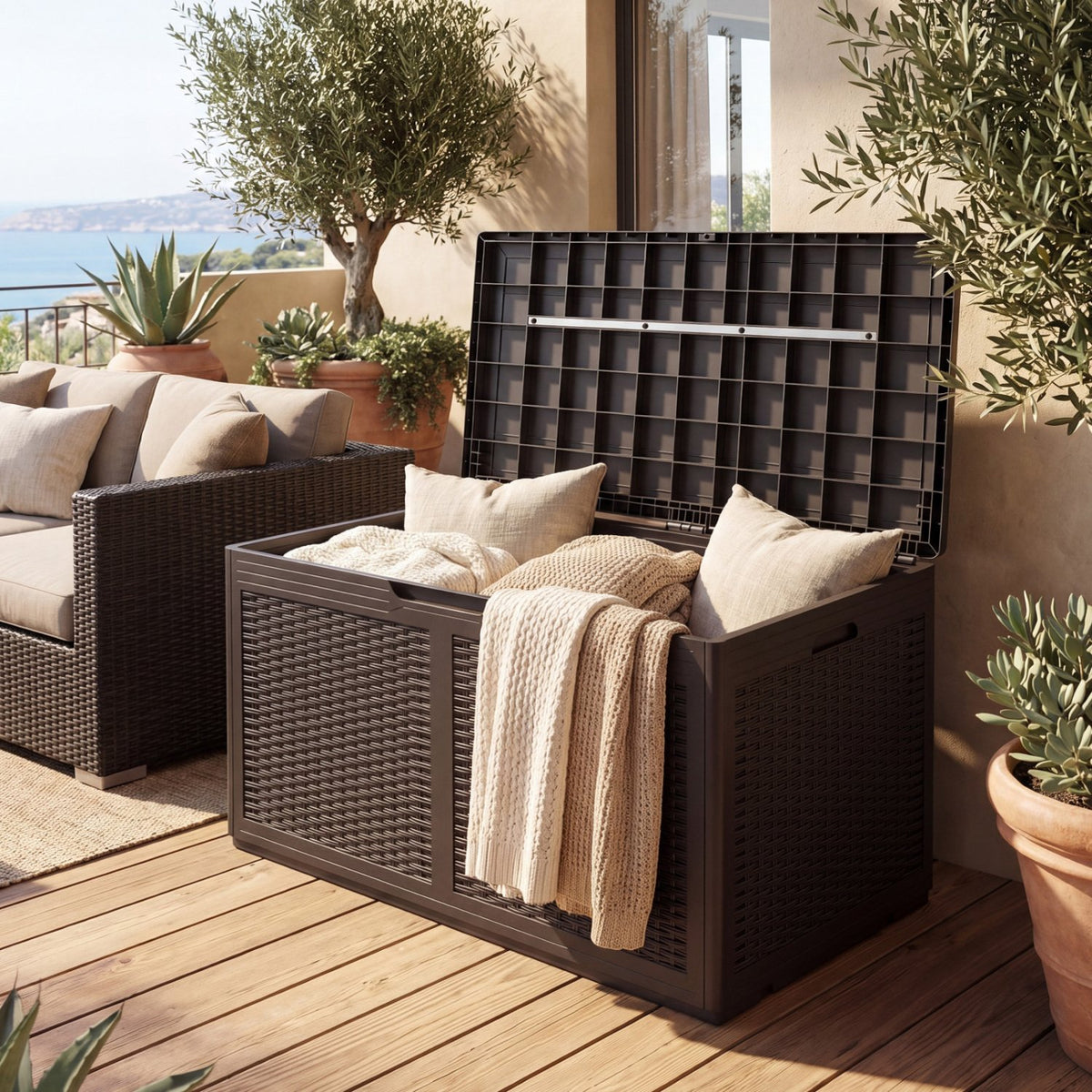 100 Gallon Resin Deck Box Outdoor Waterproof Storage Bench-Brown view 3