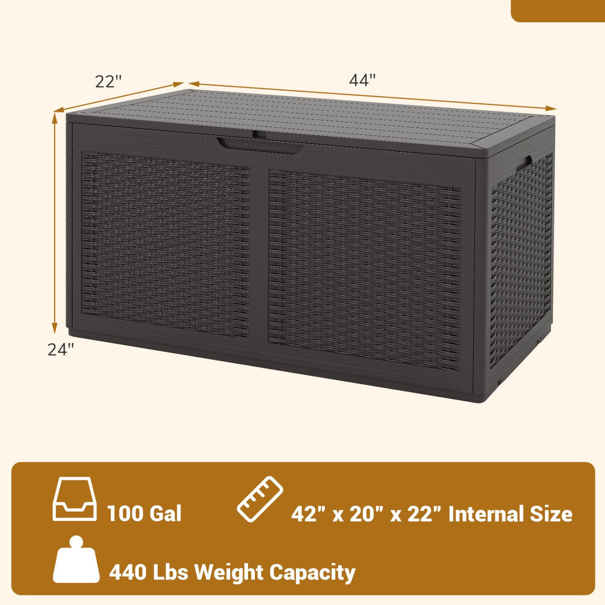 100 Gallon Resin Deck Box Outdoor Waterproof Storage Bench-Brown view 4