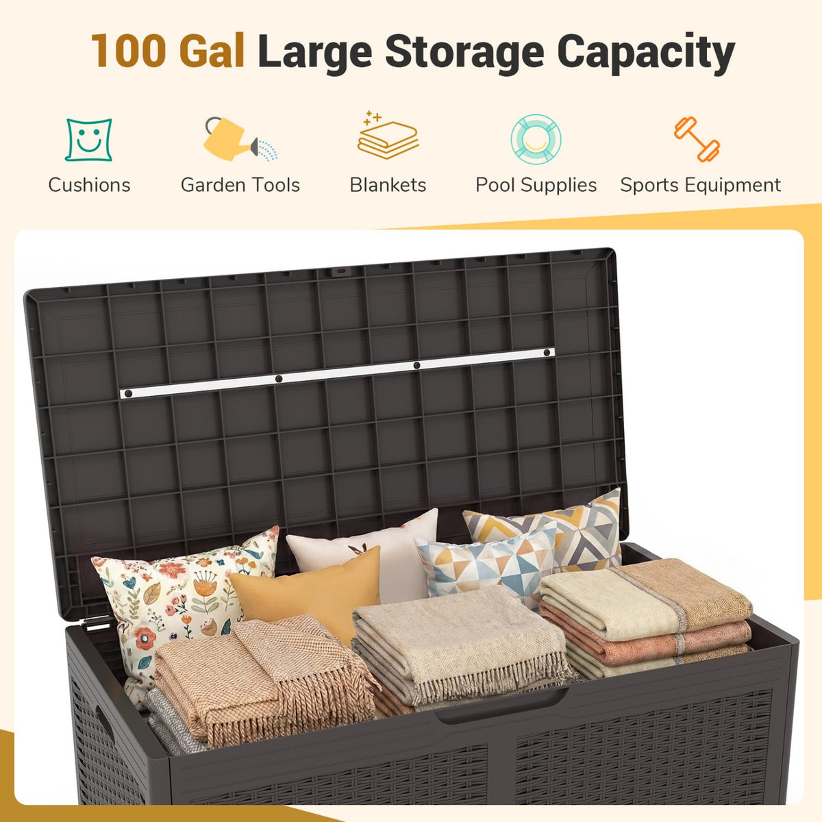 100 Gallon Resin Deck Box Outdoor Waterproof Storage Bench-Brown view 5