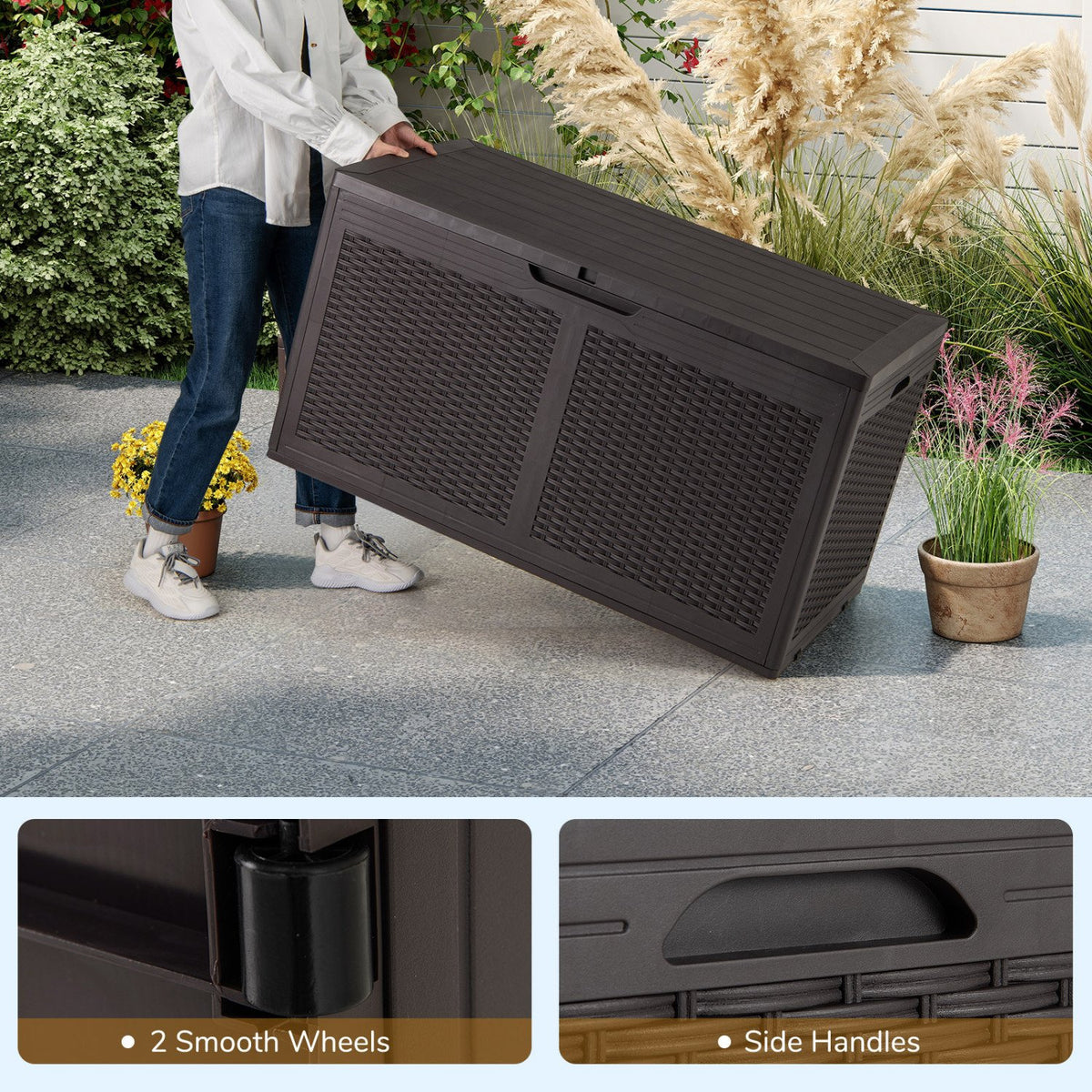 100 Gallon Resin Deck Box Outdoor Waterproof Storage Bench-Brown view 7