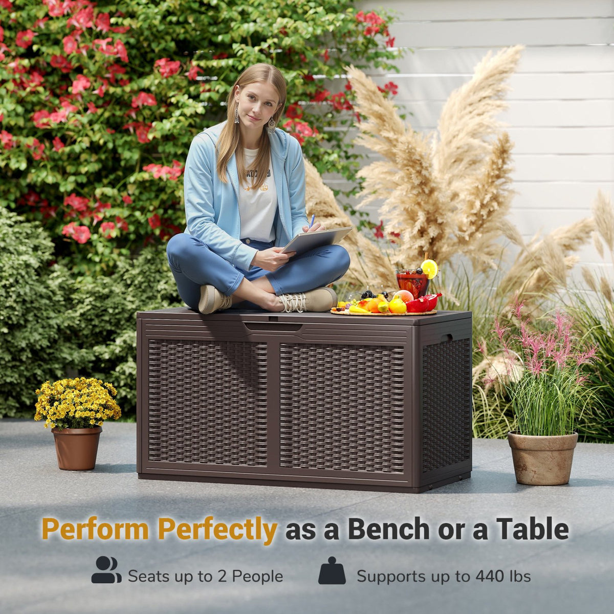 100 Gallon Resin Deck Box Outdoor Waterproof Storage Bench-Brown view 8