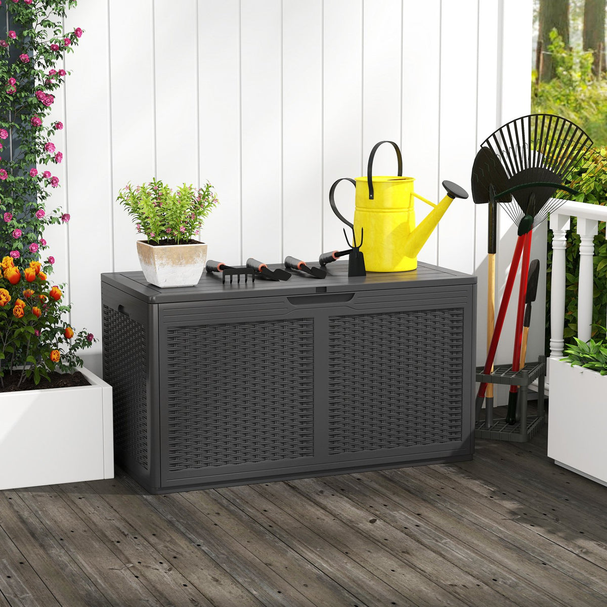 100 Gallon Resin Deck Box Outdoor Waterproof Storage Bench-Gray view 2