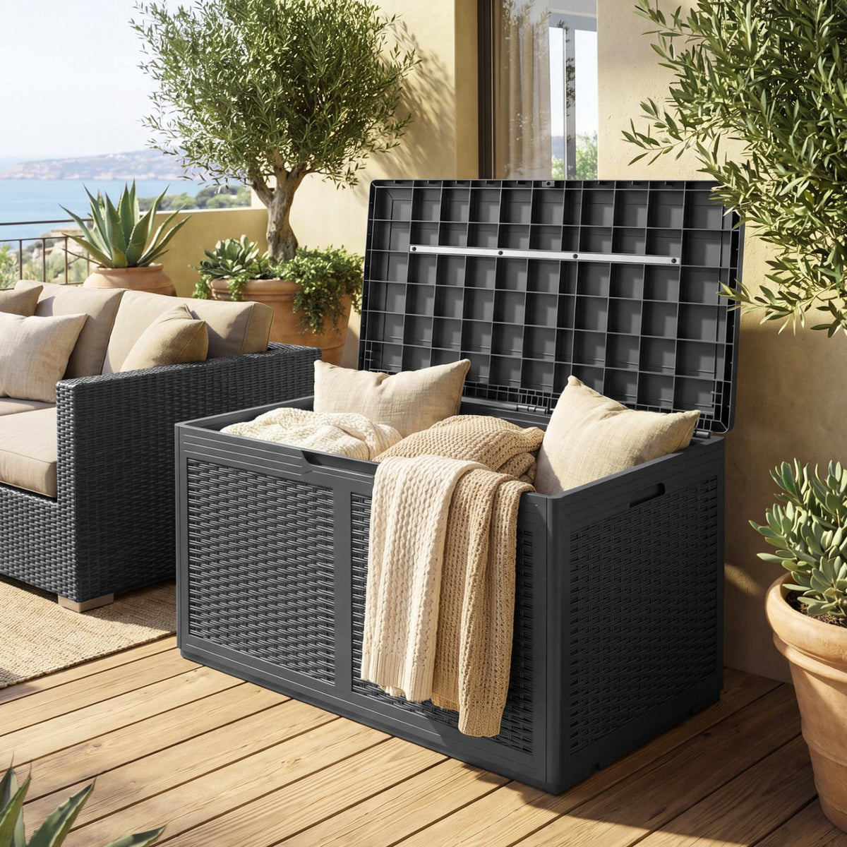 100 Gallon Resin Deck Box Outdoor Waterproof Storage Bench-Gray view 3