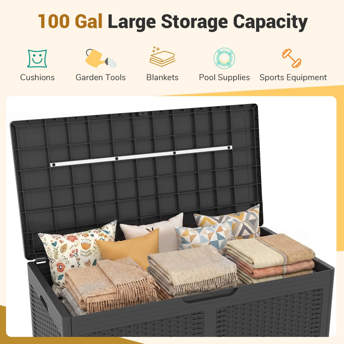 100 Gallon Resin Deck Box Outdoor Waterproof Storage Bench-Gray view 5