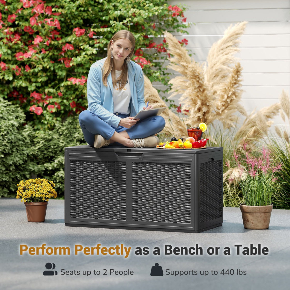 100 Gallon Resin Deck Box Outdoor Waterproof Storage Bench-Gray view 8