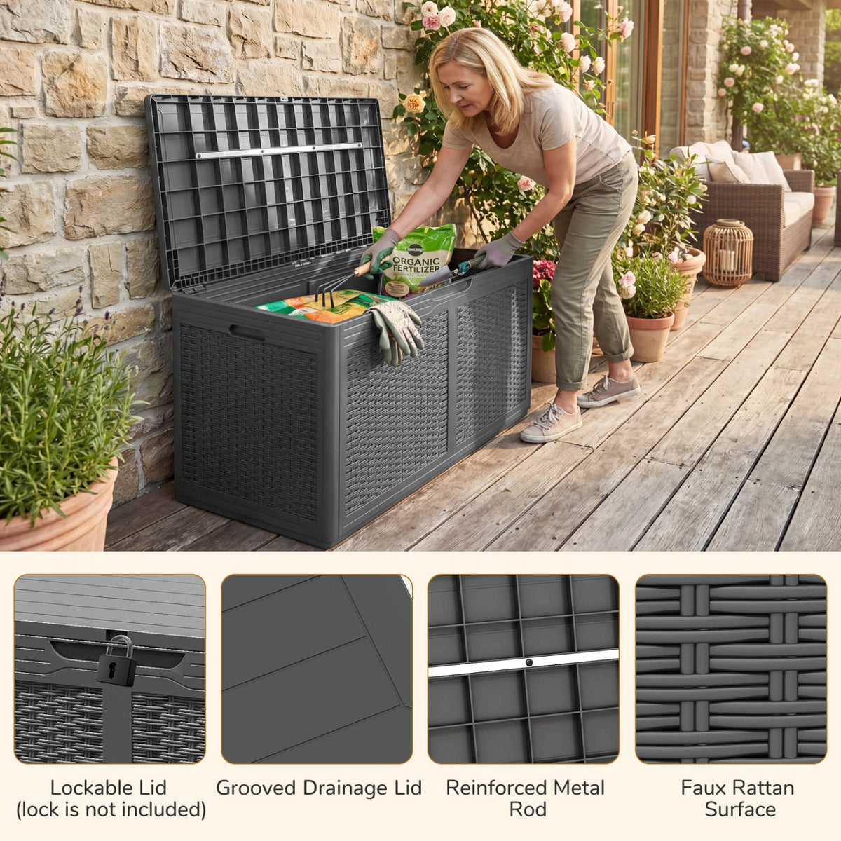 100 Gallon Resin Deck Box Outdoor Waterproof Storage Bench-Gray view 9