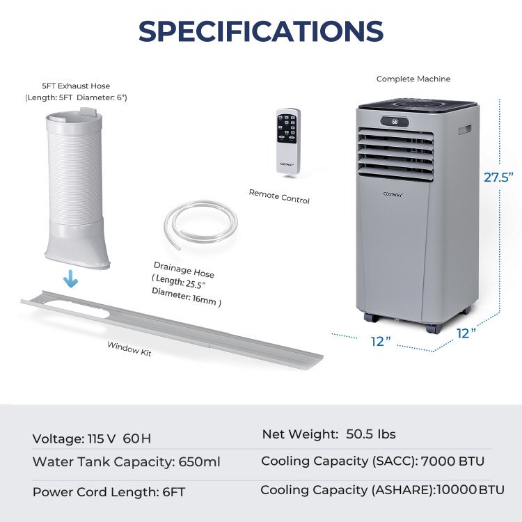 10000 BTU Portable Air Conditioner with Remote Control-Gray view 4