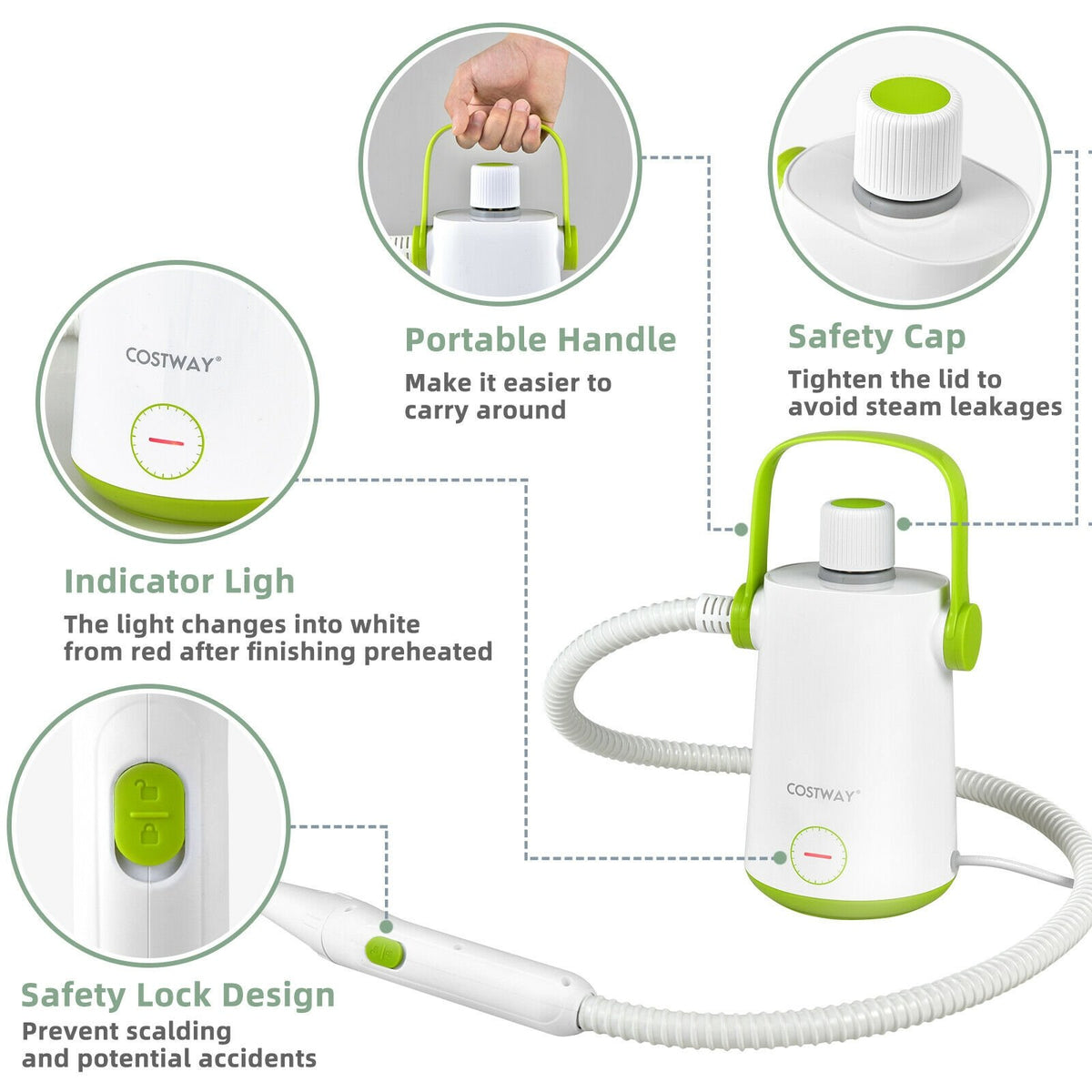 1000W Multifunction Portable Hand-held Steam Cleaner with 10 Accessories-Green view 6