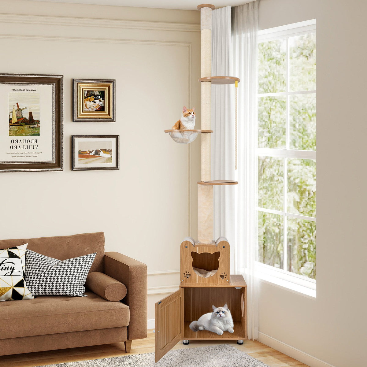 101 Inch Floor to Ceiling Cat Tree Height Adjustable with Litter Box Enclosure-Brown view 2