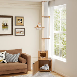 101 Inch Floor to Ceiling Cat Tree Height Adjustable with Litter Box Enclosure-Brown view 2