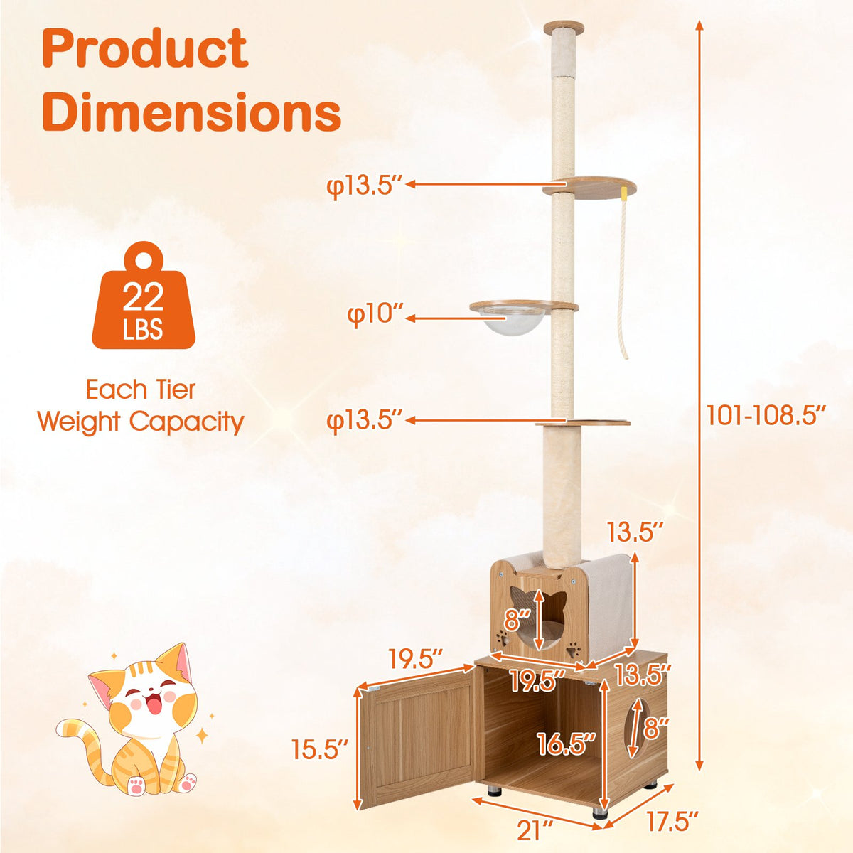 101 Inch Floor to Ceiling Cat Tree Height Adjustable with Litter Box Enclosure-Brown view 3