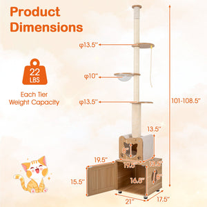 101 Inch Floor to Ceiling Cat Tree Height Adjustable with Litter Box Enclosure-Brown view 3