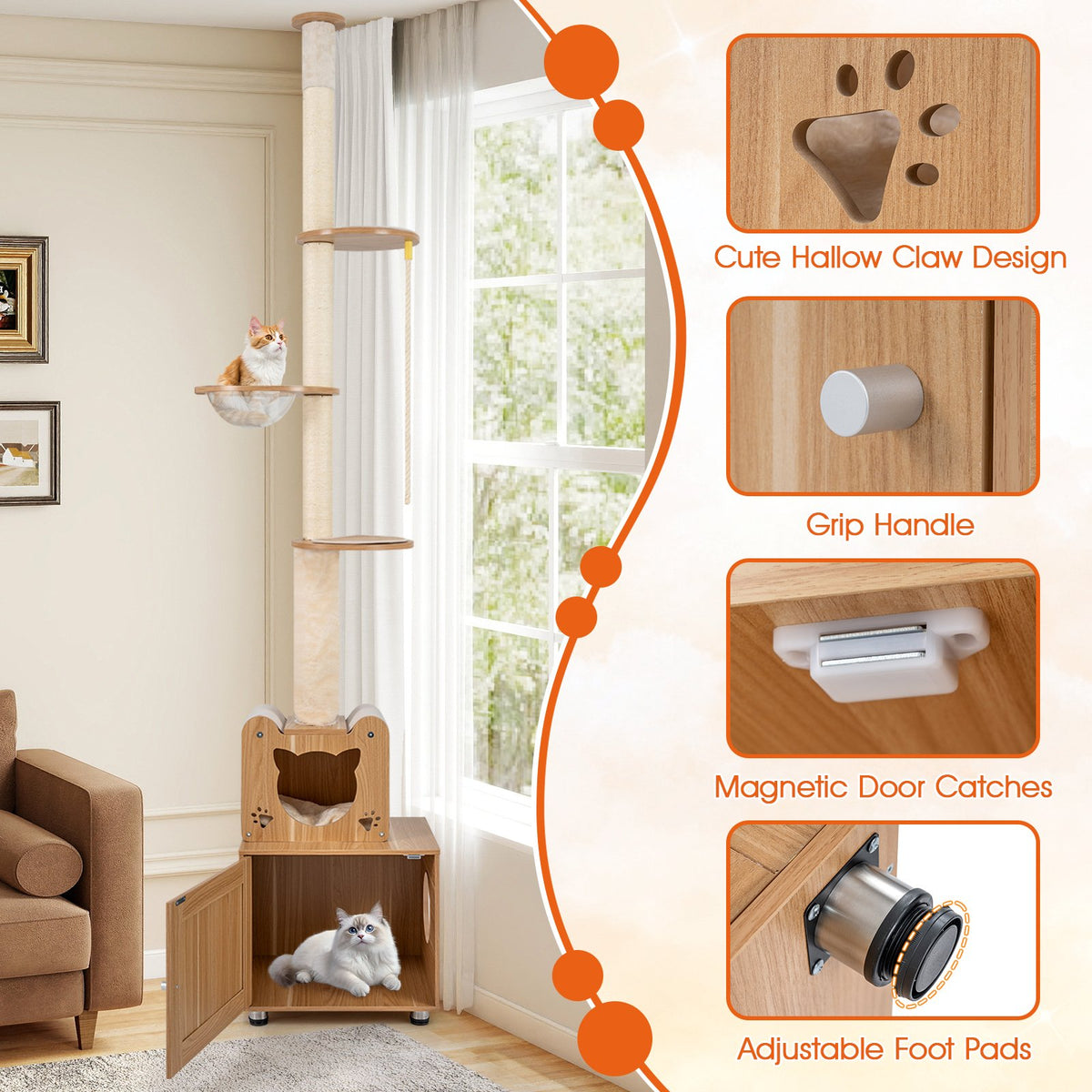 101 Inch Floor to Ceiling Cat Tree Height Adjustable with Litter Box Enclosure-Brown view 8