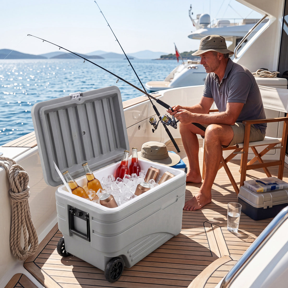 103 Quart Outdoor Portable Wheeled Ice Cooler with Foldable Pull and Carry Handles-Gray view 2
