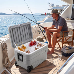 103 Quart Outdoor Portable Wheeled Ice Cooler with Foldable Pull and Carry Handles-Gray view 2