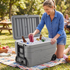 103 Quart Outdoor Portable Wheeled Ice Cooler with Foldable Pull and Carry Handles-Gray view 3