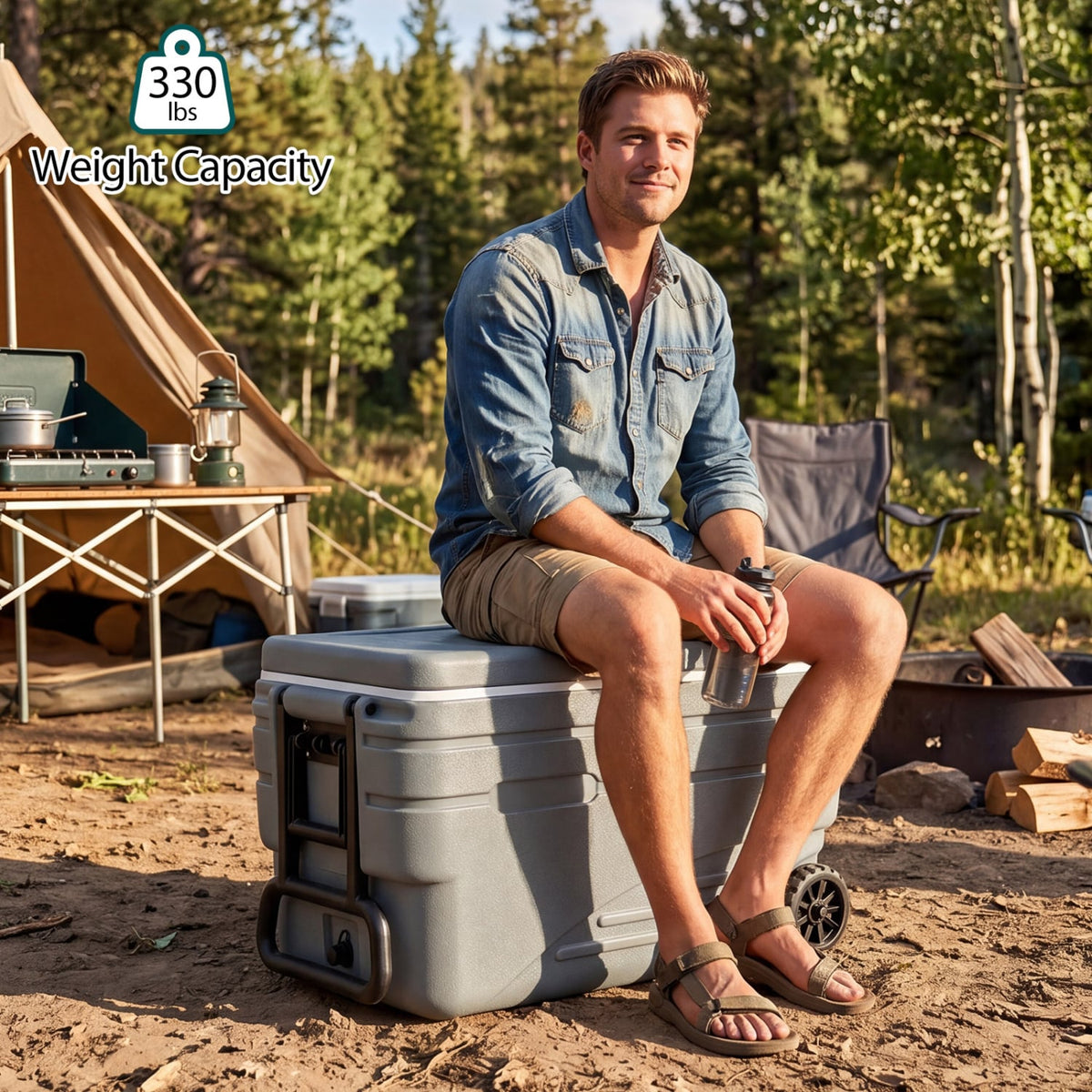 103 Quart Outdoor Portable Wheeled Ice Cooler with Foldable Pull and Carry Handles-Gray view 6