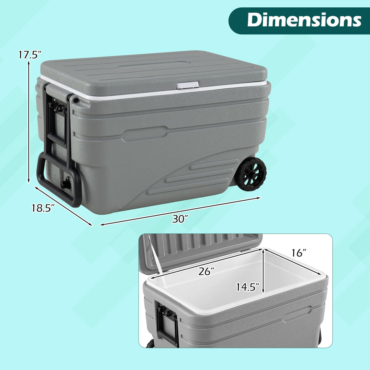 103 Quart Outdoor Portable Wheeled Ice Cooler with Foldable Pull and Carry Handles-Gray view 5