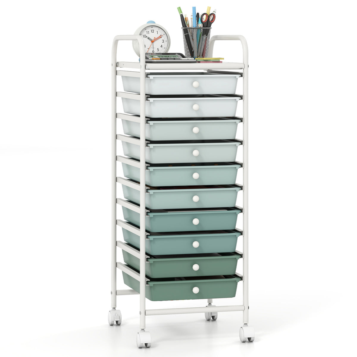 10 Drawer Rolling Storage Cart Organizer with 4 Universal Casters-Green