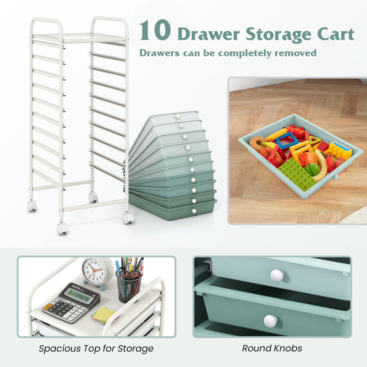 10 Drawer Rolling Storage Cart Organizer with 4 Universal Casters-Green view 7