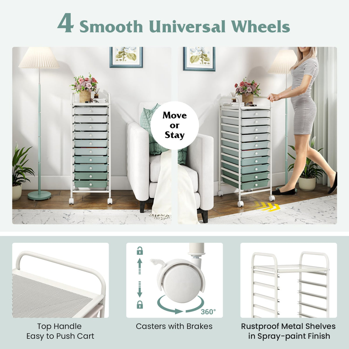 10 Drawer Rolling Storage Cart Organizer with 4 Universal Casters-Green view 8