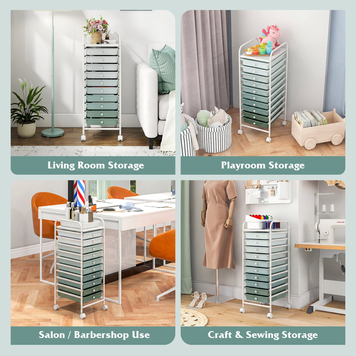 10 Drawer Rolling Storage Cart Organizer with 4 Universal Casters-Green view 9