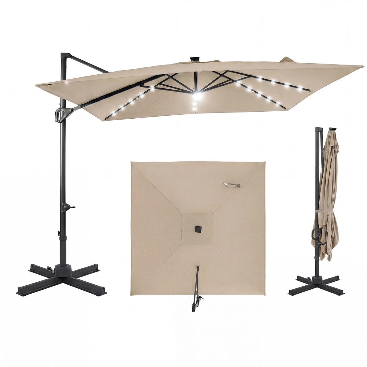 10 FT Cantilever Patio Umbrella with Solar LED Lights for Pool and Garden-Beige