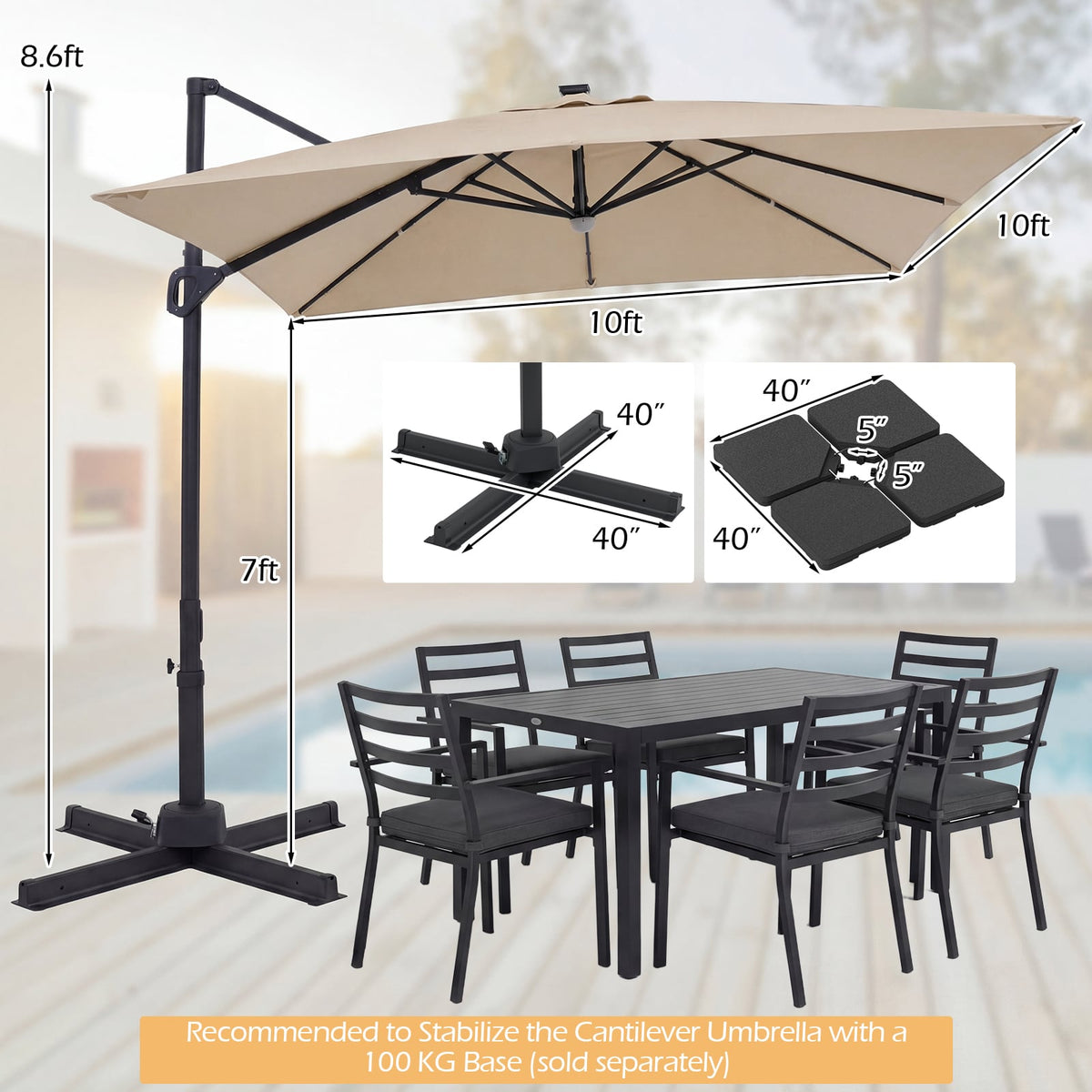10 FT Cantilever Patio Umbrella with Solar LED Lights for Pool and Garden-Beige view 4