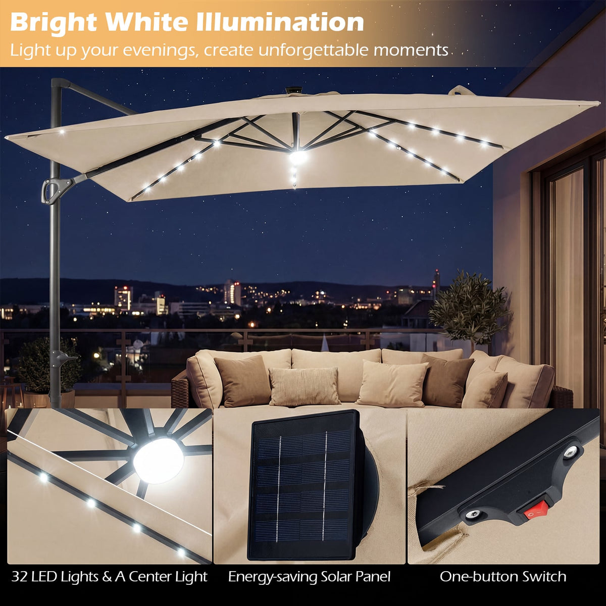 10 FT Cantilever Patio Umbrella with Solar LED Lights for Pool and Garden-Beige view 6